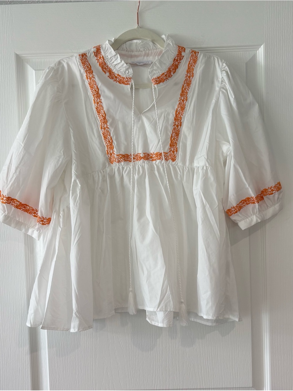 Sweet Salt NWOT White Boho Peasant Top with Orange Embroidery